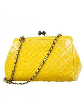 Chanel Shoulder Bag Quilted Suede Yellow Silver